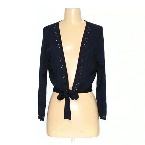 Delicate crop cardigan by Madison Leigh. Navy with beading sleeve & lapel - Picture 1 of 9